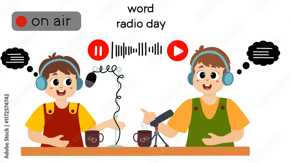 world radio day. World Radio Day concept vector Illustration idea for landing page template. little kids illustration vecator graphic of radio announcer is broadcasting live, perfect for international world radio day. World Radio Day concept vector Illustration idea for landing page template. little kids illustration vecator graphic of radio announcer is broadcasting live, perfect for international