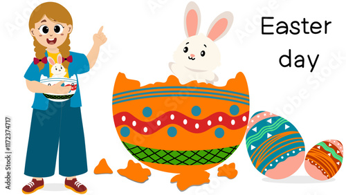 little kid open egg containing bunny, for easter celebration. easter celebration. Flat style vector illustration Vector Format. easter day