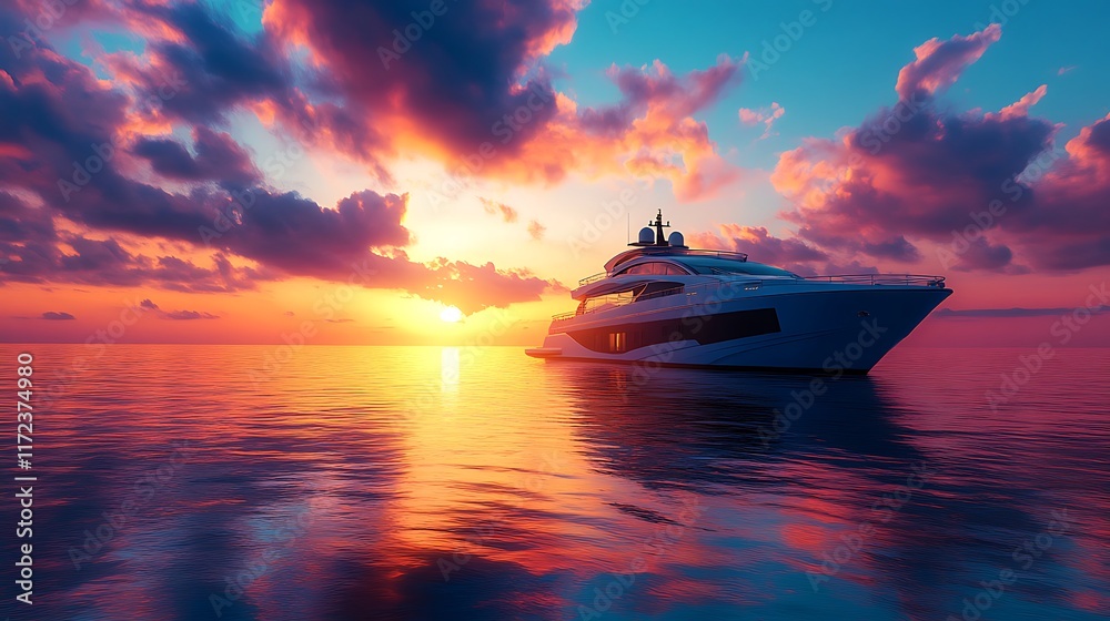 A luxurious yacht floating on the calm sea at sunset, with the setting sun casting warm hues across its surface and creating a serene atmosphere for luxury travel and vacation in an ex A luxurious yacht floating on the calm sea at sunset, with the setting sun casting warm hues across its surface and creating a serene atmosphere for luxury travel and vacation in an ex