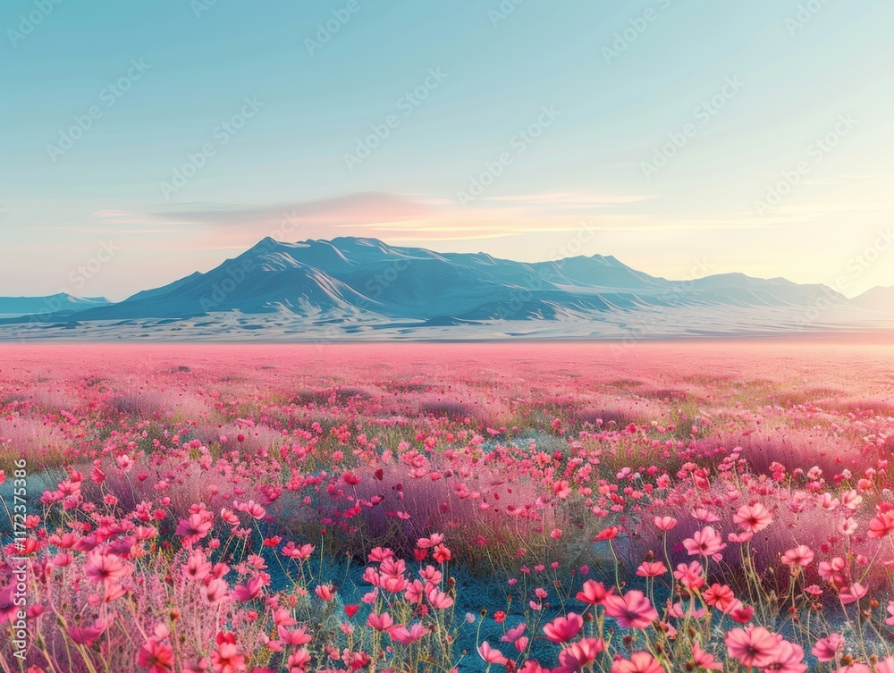 Obraz premium Pink Flower Field Landscape Serene Sunset Mountains 8K Ultra HD