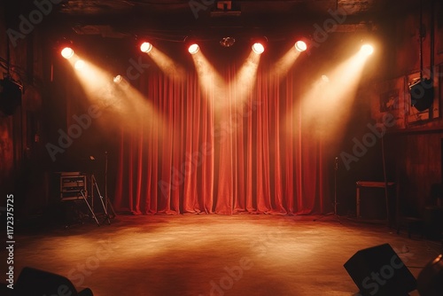 Theatrical performance setup dimly lit stage photography intimate venue front view dramatic atmosphere photo