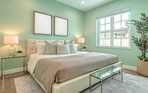 Modern bedroom, green walls, king bed, calm. Interior design, home staging. photo