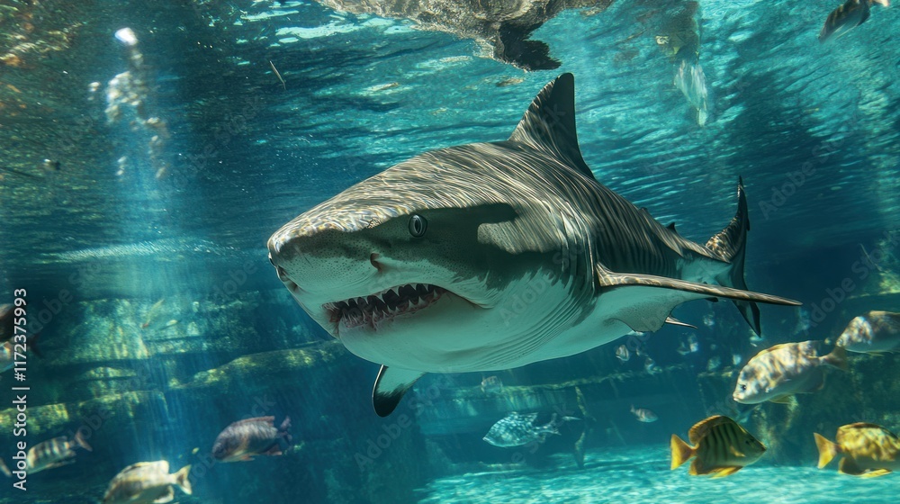 Obraz premium Powerful tiger shark swimming underwater in aquarium, surrounded by smaller fish.