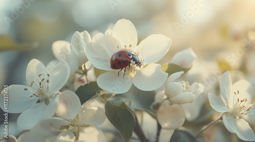 Close up of ladybug on blooming white apple flower, showcasing nature beauty