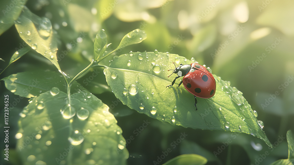 close up of ladybug on radiant green leaf adorned with droplets close up of ladybug on radiant green leaf adorned with droplets