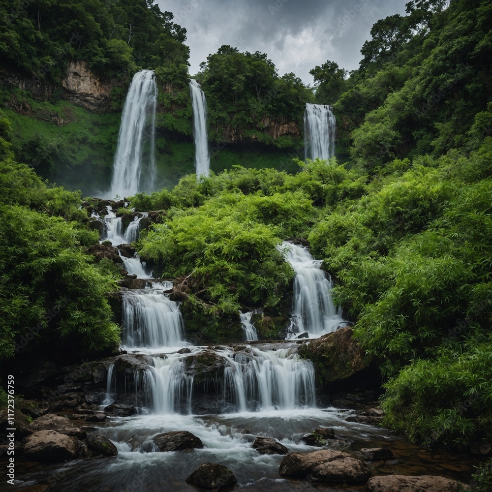 Obraz premium A waterfall surrounded by vibrant green vegetation.