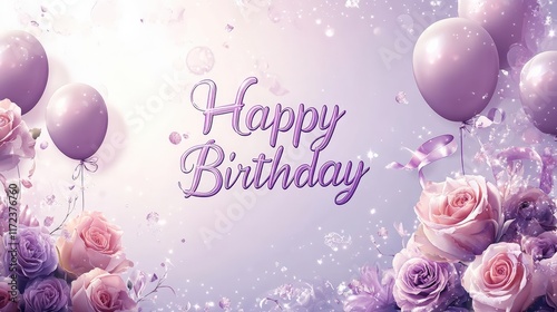 Dreamy pastel purple birthday card with happy birthday message celebratory theme floral elements soft colors