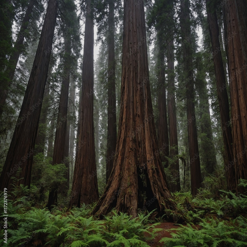 A redwood forest with towering ancient trees. A redwood forest with towering ancient trees.