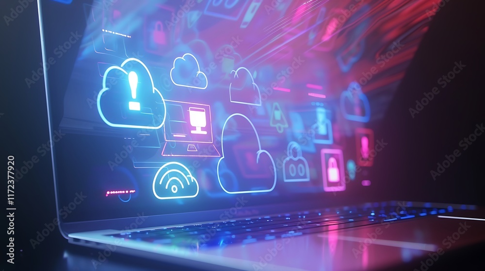 A glowing holographic representation of cloud security icons projected from a white laptop A glowing holographic representation of cloud security icons projected from a white laptop