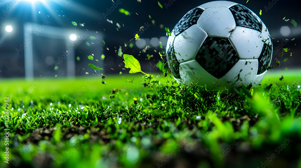Naklejka premium A soccer court in a large space with a ball next to a goal that is clearly marked. Modern lighting enhances the scene, perfect for sports promotions, team events, or training visuals