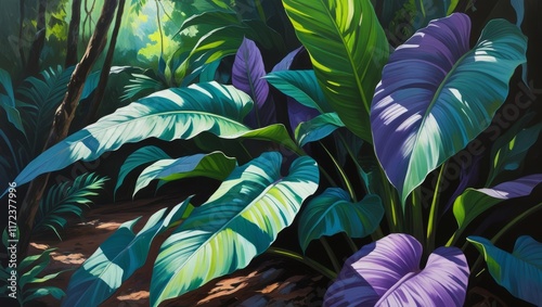 “Oil painting of intricate patterns of tropical galatea leaves. photo