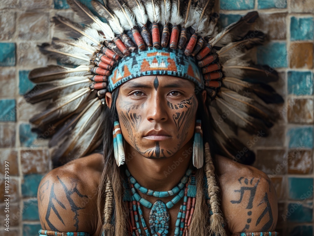 Obraz premium Portrait of a person adorned with traditional attire and accessories, showcasing cultural heritage.