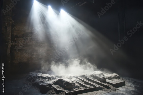 White fog rolling gently on the ground, giving a mystical ambiance to a dimly lit stage. photo