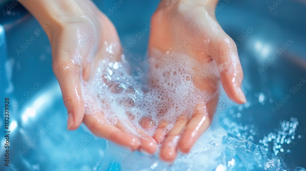 Close-up of caucasian young female hands washing with soap and water Close-up of caucasian young female hands washing with soap and water