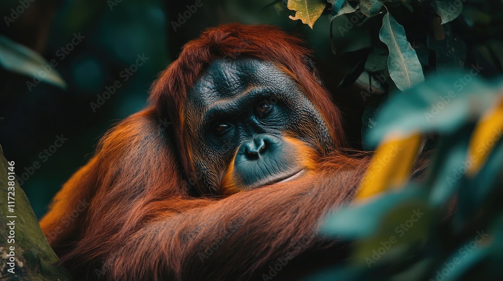 Obraz premium Orangutan resting in lush tropical foliage showcasing the beauty of wildlife and the importance of conservation efforts in nature.