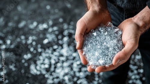 Close-up of hands holding clear recycled plastic pellets on dark background