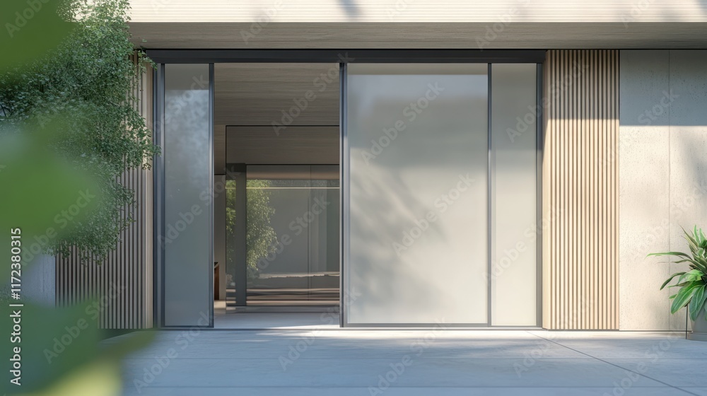 Fototapeta premium Sliding house gate with frosted acrylic panels and a soft grey steel frame, ideal for a chic urban residence