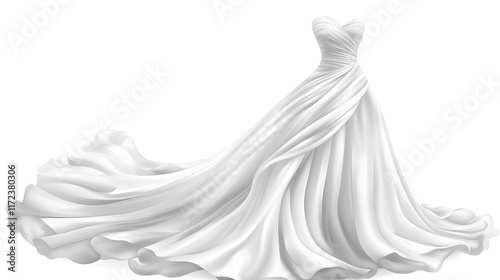 A white wedding dress with a transparent background, flowing fabric