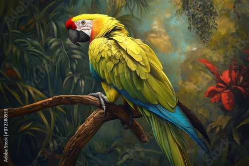 Yellow shouldered macaw perched on a branch in a lush jungle setting photo