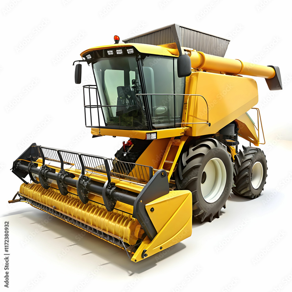 Obraz premium A harvester machine displayed on a white background, showcasing its large, mechanical