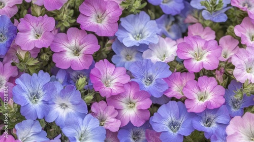 Colorful nemophila flower field in full bloom showcasing vibrant shades of pink and blue petals in close-up view.
