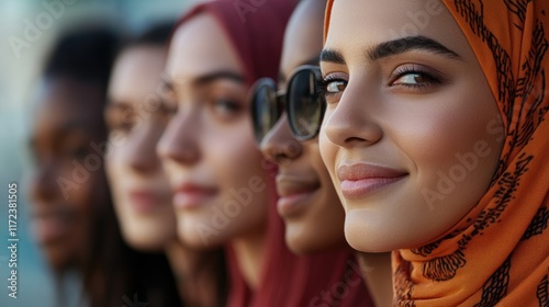 Close up portrait of diverse multi ethnic female students showcasing unity and cultural richness with expressions of confidence and pride photo