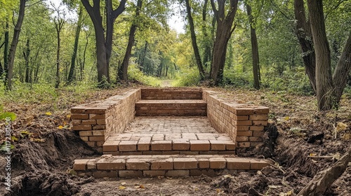 Brick Pathway Restoration in Historical Park Surrounded by Lush Greenery and Trees photo