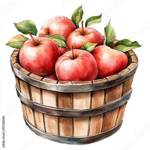 Watercolor Basket of Red Apples Illustration, A beautiful watercolor illustration of a rustic wooden basket filled with fresh red apples and green leaves, symbolizing harvest and autumn.

