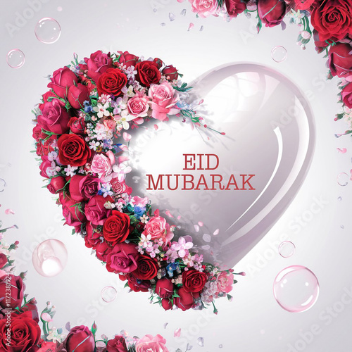  glossy white heart with the name Eid Mubarak elegantly abstract background