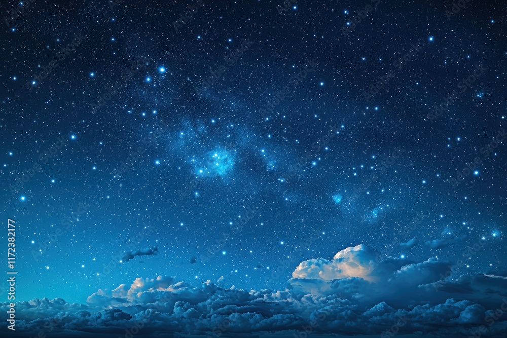 Naklejka premium Starry night sky, Milky Way over clouds, tranquil scene for backgrounds