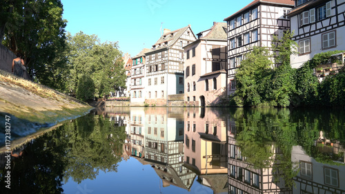 Strasbourg, France. Petite France quarter. Historic houses on the banks of the Ill River photo