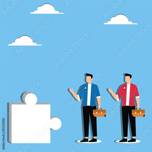 Jigsaw puzzles for teams, solving team problems, entrepreneurship and cooperation, building teams, businessmen standing up for jigsaw puzzles