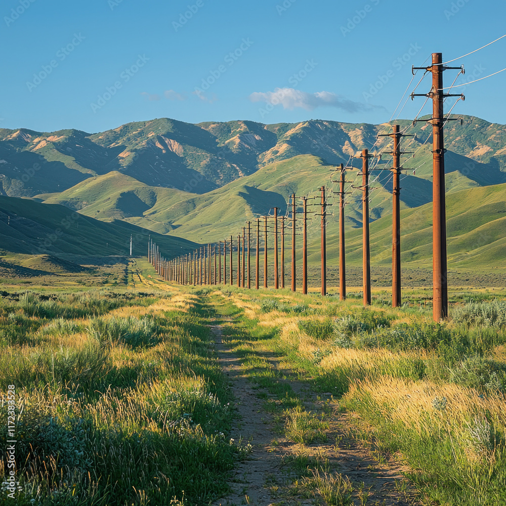 Obraz premium Power lines receding along dirt road through grassy valley toward distant mountains