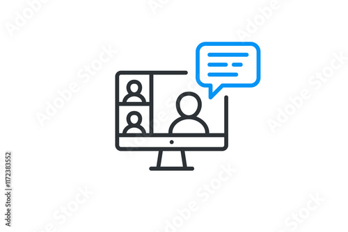 Video conference icon. Virtual conference on computer screen. Online webinar, video presentation, distant study and learning. Vector illustration