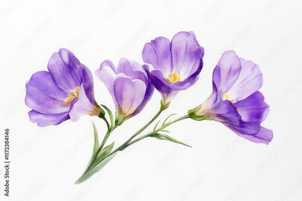 Naklejka premium A watercolor illustration featuring three violet freesia flowers, each in full bloom, delicately painted on a white background.
