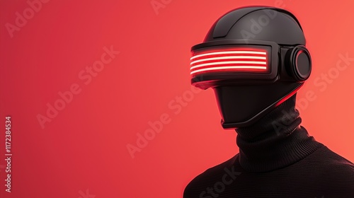 A futuristic figure wearing a sleek black helmet with glowing red stripes, set against a vibrant red background. photo