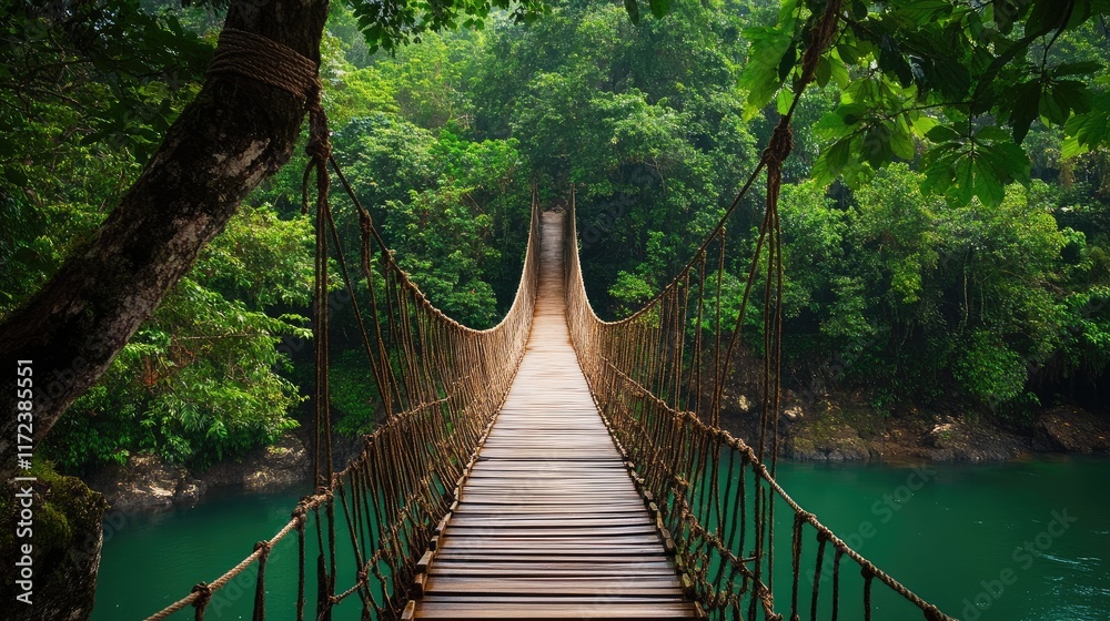 Suspended wooden bridge over tranquil water surrounded by lush green forest in a serene nature trek adventure setting Suspended wooden bridge over tranquil water surrounded by lush green forest in a serene nature trek adventure setting