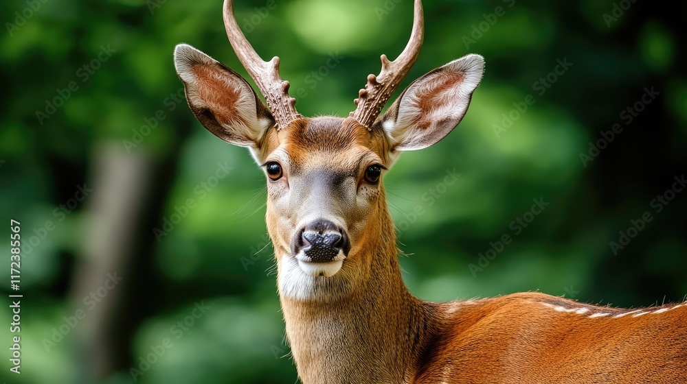 Mule Deer Encounter in Lush Woodland Environment Showcasing Majestic Antlers and Natural Habitat Mule Deer Encounter in Lush Woodland Environment Showcasing Majestic Antlers and Natural Habitat