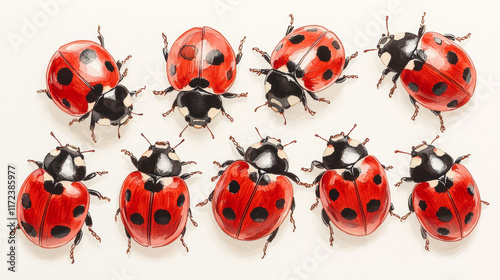 vibrant watercolor painting of playful ladybugs in various poses