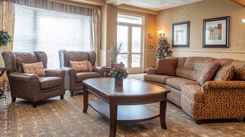 Cozy lounge area in a multi-generational senior living facility with comfortable seating and warm natural light