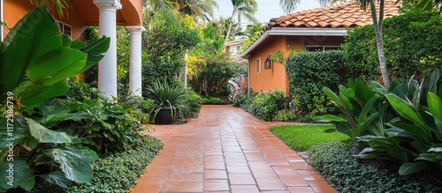 Charming orange brick walkway surrounded by vibrant greenery creating an inviting atmosphere for outdoor garden spaces photo