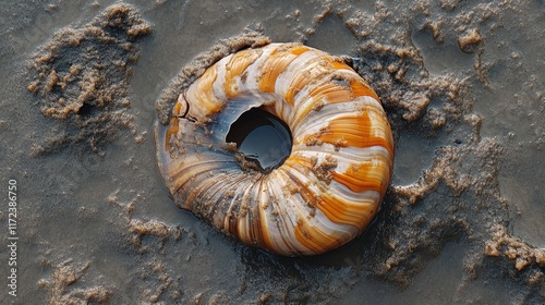 Nautilus shell resting on wet sand showcasing intricate patterns and textures in a natural coastal environment photo