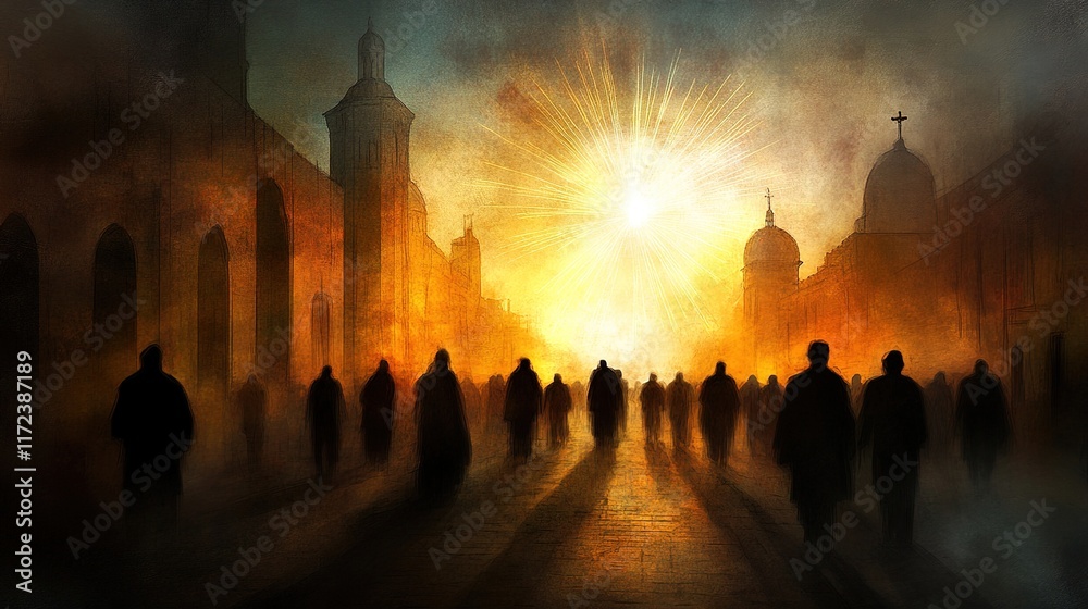 Fototapeta premium Mysterious Silhouettes Against a Fiery Sunset in Urban Landscape