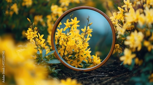 Fototapeta Naklejka Na Ścianę i Meble -  Spring garden reflection of vibrant forsythia bush in round mirror showcasing nature's beauty and blooming yellow flowers in full bloom.