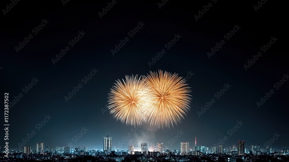 Spectacular Fireworks Display Over City Skyline at Night Spectacular Fireworks Display Over City Skyline at Night