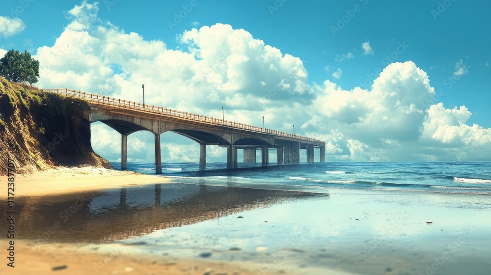Scenic coastal view of a bridge extending over calm waters with sandy beach and vibrant clouds in the background. Scenic coastal view of a bridge extending over calm waters with sandy beach and vibrant clouds in the background.
