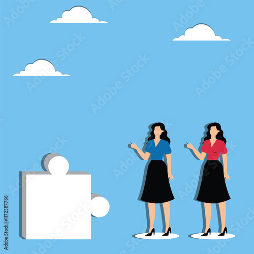 Jigsaw puzzles for teams, solving team problems, entrepreneurship and cooperation, building teams, businesswomen standing up for jigsaw puzzles