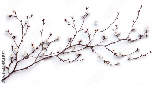 Delicate twigs with small buds and white flowers on a clean white background showcasing the beauty of nature and fragility in springtime.