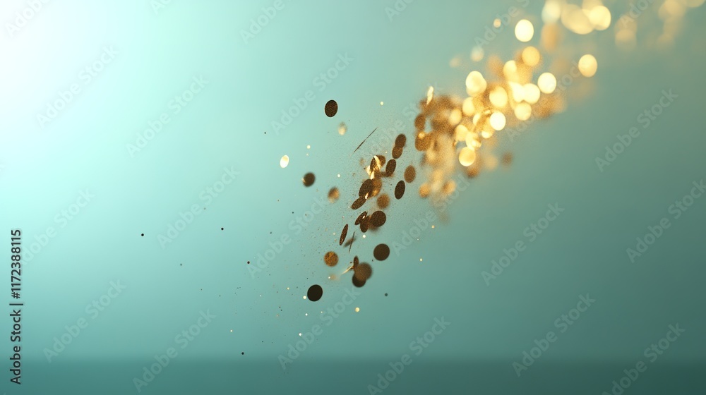 Fototapeta premium Glittering Gold Particles Falling in a Soft Turquoise Background