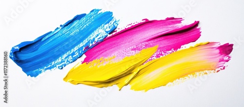 Vibrant strokes of cyan magenta and yellow paint on a white background perfect for enhancing creativity and design projects